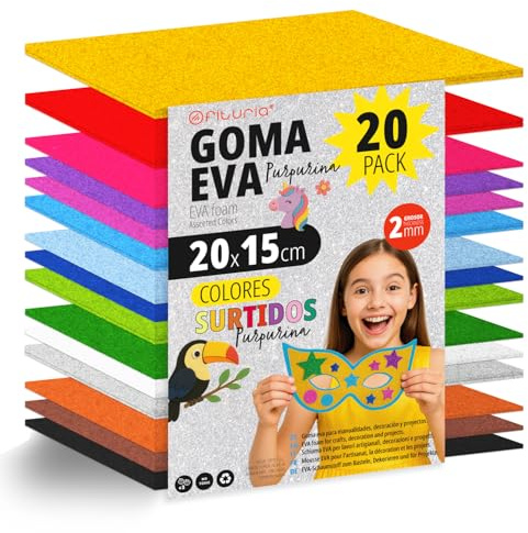OFITURIA 20 Blatt Moosgummi Set, Bunte Farben, Format 20x15 cm – Ideal für Bastelprojekte, DIY, Schule, Kunst & Dekoration (Glitzer)