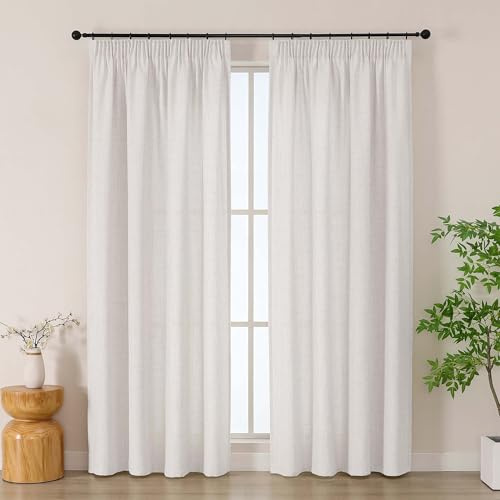 Simplebrand Beige Gardinen mit Kräuselband in Leinenoptik, 2er Set H 200 x B 140 cm, halbtransparent für Wohnzimmer & Schlafzimmer, Boho-Style mit Schienenhaken