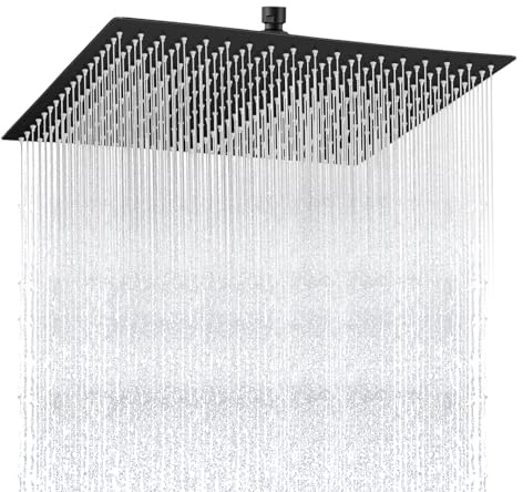 Square Rainfall Shower Head, 16 Inch Extra Large Overhead Fixed Rain Showerhead for Full Body Coverage, High Pressure Stainless Steel with Adjustable Swivel Ball Joint G1/2 Universal Fitting (Black)