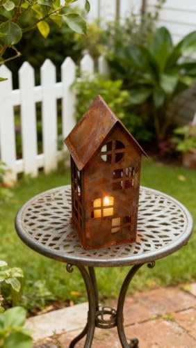 Jaxuzegs Rost Metall Laternen - Kerzenlaterne Indoor - Gartenlaternen - Kerzen - Laternenhaus Windlicht Shabby Chic Vintage Kerze Kerzenständer Lichtdeko Dekorationsartikel für drinnen und draußen,L