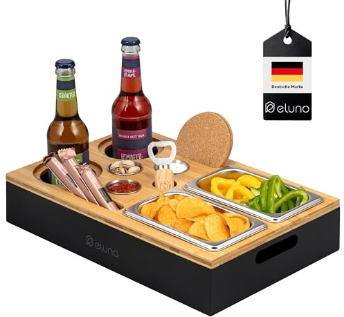 eluno Couchbar mit abnehmbarem, magnetischem Deckel, Serviertablett, inklusive 2 Snackschalen, 3 Dipschälchen, 2 Getränkehalter mit Korkuntersetzer,1 Flaschenöffner aus Bambus (Bambus-Schwarz)