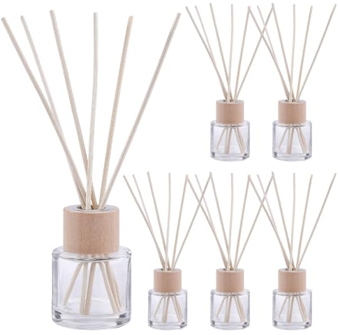 WEBEEDY 6 Sets Reed Diffuser Bottles Empty with Wooden Lids, 50ml Refillable Fragrance Glass Diffuser Bottles with 36 Reeds Sticks for Essential Oil Fragrance for Bedroom Living Room Home Scent Gift