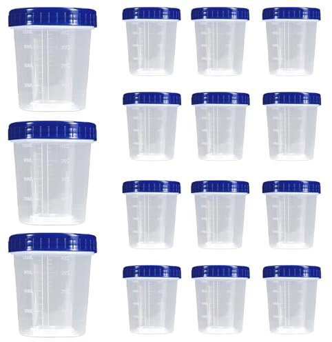 15 Urine Sample Bottles, 120 ml Specimen Cups with Screw Lids | Clear plastic specimen pots, blue leak proof screw lids, for sample collection, GP visits, testing and lab analysis