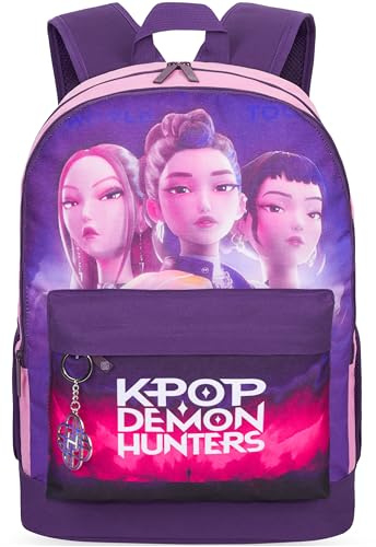 Get Trend Kpop Demon Hunters Huntrix Grand Sac a Dos Enfant Fille, 46 cm Cartable Enfant Fermeture Eclair et Rembourré avec Porte Clef, Cadeau Fille (Violet/Rose)