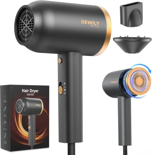 Secador de Pelo Iónico con Difusor DEWILY 1800W - Secado Rápido con Botón Frío/Calor, Difusor Termostático, 3 Temperaturas y 2 Velocidades, Incluye Concentrador y para Rizos,Negro y Dorado