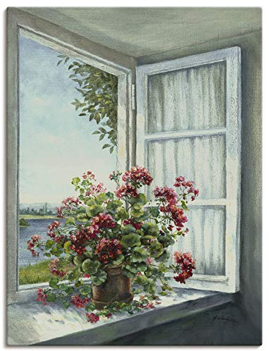ARTLAND Wanddeko Leinwand Bilder Wandbild Fensterblick Fenster Blumen Botanik Geranie Malerei Landhaus Kunst T4DR