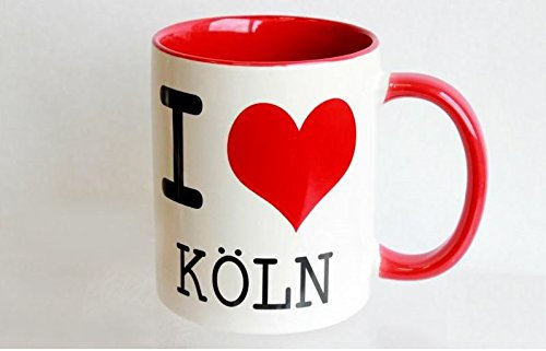 Unbekannt Weiße Tasse I Love Köln - Innen Rot, Rotem Henkel, Keramik, Tasse, Rund, Zuhause
