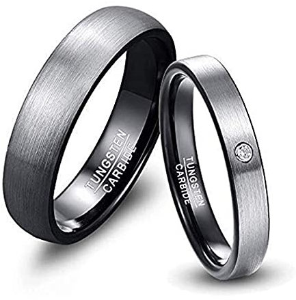 NUNCAD Paar Ringe Eheringe 4mm 6mm breit, Wolfram Ring Herren/Damen grau-schwarz für Hochzeit, Verlobung, Alltag und Hobby, Größe 60.0 (19.1) (4mm mit Zirkonia)