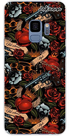 dakanna Kompatibel mit [Samsung S9] Flexible Silikon-Handy-Hülle [Transparent] Tattoo-Stil Old School mit Pistolen und Rosen Design, TPU Case Cover Schutzhülle für Dein Smartphone