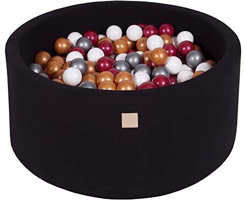 MEOWBABY Bällebad Baby - Rund 90x40cm Baby Pool für Kinder mit 300 Bälle, Baumwolle, Schwarz: Burgund/Gold/Weiß/Silber