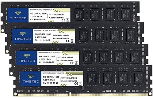 Timetec Kit 32 Go KIT(4x8Go) DDR3L / DDR3 1600 MHz (DDR3L-1600) PC3L-12800 / PC3-12800 Non-ECC Unbuffered 1,35 V/1,5 V CL11 2Rx8 Double rangée 240 Broches UDIMM Mémoire RAM (SDRAM)