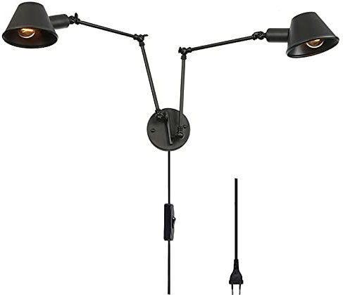 FREEDL Schwarz Industrial Wandlampe Langer Arm Mit Stecker, 2 Flammig E27 Wandleuchte Innen Vintage Mit Schalter, Retro Loft Stil Wandbeleuchtung Restaurant Schwenkarm Wandleuchte Lesen Antik