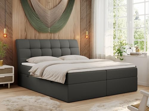 MKS MEBLE Boxspringbett 180x200 Grau Kunstleder, Bett mit Multipocket Matratze H3 und Topper, Polsterbett 180x200 mit Bettkasten und Kopfteil, DIEGOS Dunkelgrau Kunstleder