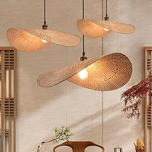 E27 Suspension Vintage Lustre Bambou Tressé Rotin Naturel Fait À La Main Abat-Jour Chapeau De Paille Design Plafonnier Rond Salon Chambre Lampe Suspension Bureau Éclairage Décoratif Luminaire,70cm