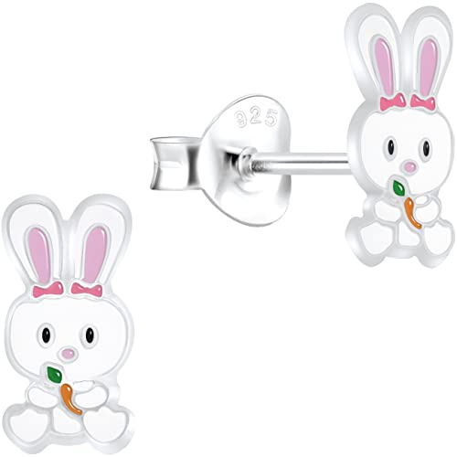 miimago Hasen Kinderohrringe Silber 925 Mädchen Ohrstecker - Häschen Ohrringe für Kinder - 8 mm weiß