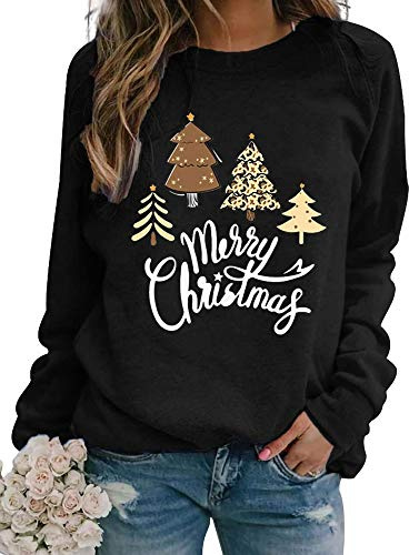 Ladies Christmas Sweatshirts Crew Neck Xmas Top Women Long Sleeve T Shirts Casual Pullover Blouse M Black Merry Christmas