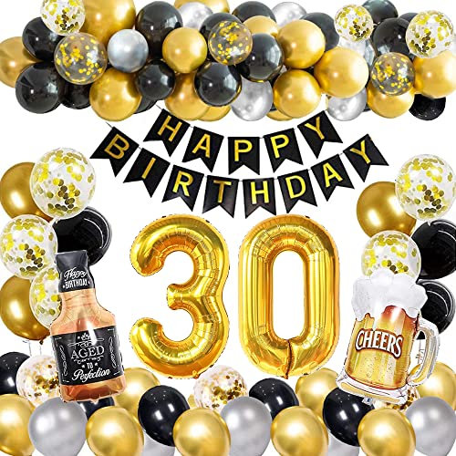 30. Geburtstag Dekoration | FVCENT Luftballon 30. Geburtstag gold Schwarz Mit Geburtstagsdeko Folienballon Zahl Happy Birthday Bierflasche Golden Frauen Männer Luftballons Party Deko (Gold 30th)