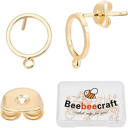 Beebeecraft 1 scatola di 20 orecchini a perno placcati in oro 18 carati con anello, Ottone placcato oro 18 carati