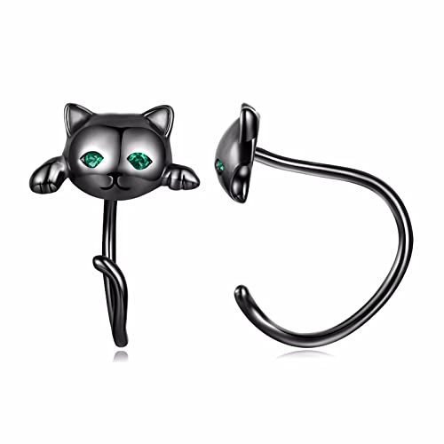 Qings Katze Ohrringe 925 Silber, Schwarze Katze Huggie Ohrringe Hypoallergen Damen Ohrringe, Geschenke für Frauen Mädchen Kinder Kommt in Schmuck Box