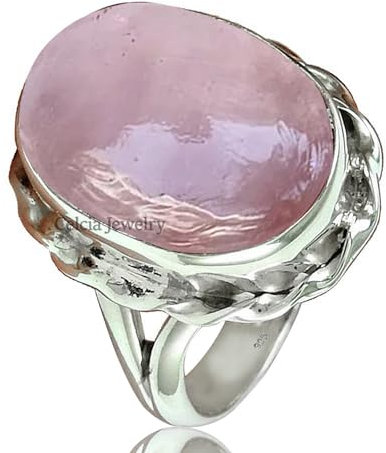 Natural Rose Quartz Pink Gemstone Oval Ring, Pure 925 Sterling Silver Women Ring, Statement Ring, Unique October Birthstone Gift for Her (rose-quartz, Size 12)
