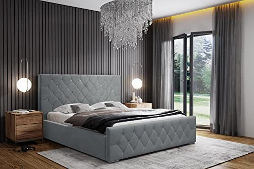 Polsterbett Doppelbett Stauraum Samtstoff 120x200 140x200 160x200 180x200 cm Bettgestell Mit Bettkasten Lattenrost und Kopfteil - Bett mit Kristallen - Hydrophobe Stoff - Grau - 160 x 200 cm