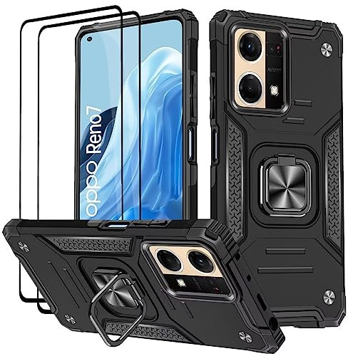 KANSi Hülle für Oppo Reno7 / Reno 7, Schutzfolie [2 Stück] Silikon TPU Hart PC Handy Hüllen 360 Grad Drehbar Ringhalter Bumper Stoßdämpfung Schutzhülle - Schwarz