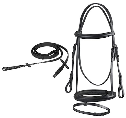 Start Trense Pferd mit Zügel – Anatomisches Trensenzaum Leder für Shetty, Pony, Vollblut, Warmblut, Kaltblut – Englisch kombiniertes Reithalfter, gepolstert & komfortabel (Full, Schwarz)