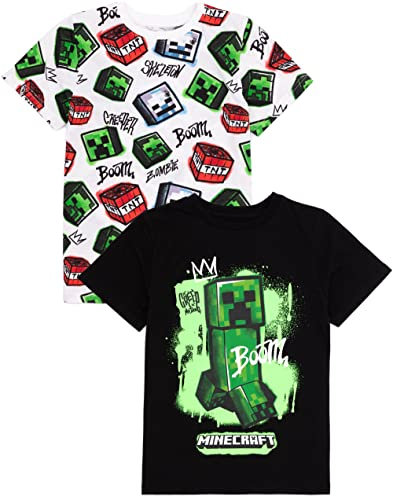 Minecraft T-Shirt 2er Pack Kinder | Jungen Mädchen Skelett Boom Creeper Spielcharaktere Schwarz und Weiß Top | Kurzarmbekleidung