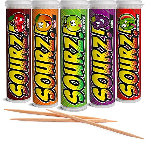 Xero Picks Palillos de dientes con sabor Sourz con infusión - Sin azúcar - Manzana agria, uva agria, cereza agria, sandía agria, melocotón agrio - Paquete de 5 - 20 púas por paquete