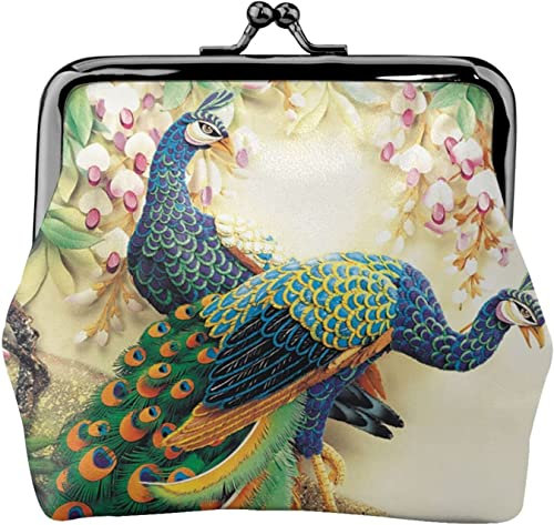 Damen-Leder-Geldbörse, orientalischer Pfau auf Blumenbaum-Geldbörsen Leder-Wechseltasche mit Kiss-Lock-Verschluss-Schnallen-Geldbörse