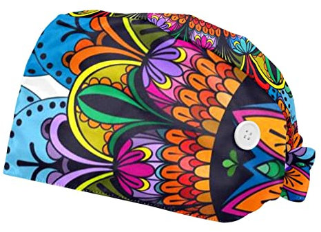 VBFOFBV 2 Packungen Arbeitsmütze mit Knopf für Frauen Langes Haar Verstellbare elastische Binden-Hüte Bouffant Caps,Indischer Trippy Blumenmandala Weinlese