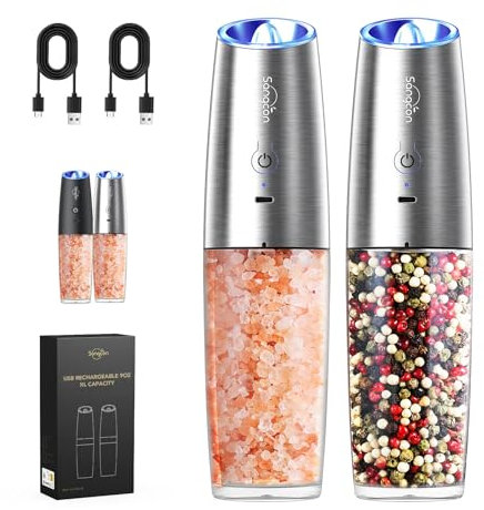 【Capacidad XL Mejorada】Sangcon Set de 2 Molinillos Eléctricos de Sal y Pimienta con Gravedad Automático e Interruptor, Molinos de Especias Recargables por USB, Grosor Ajustable, Luz LED, Plata