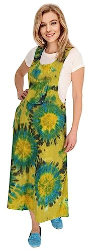 Kunst und Magie Buntes Kleid Latzkleid Latzrock Tie Dy Batik Boho Ibiza PSY Goa 70er Overall Hippie Sommerkleid Baumwolle, Größe:XXL, Farbe:Grün
