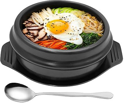 Korean Cooking Stone Pot Set , Premium Ceramic, Diameter 6.3'' High 3.15'' Stone Bowl Sizzling for Bibimbap and Soup, Korean Bibimbap Pot (with Tray & Stainless Steel Spoon, No Lid) (6.3 x 3.15 In)
