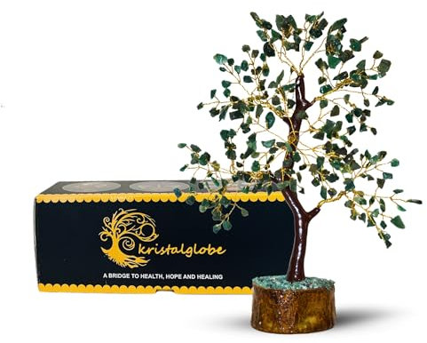 KRISTALGLOBE Green Jade Crystal Tree of Life with 300 Natural Jade Beads – Handmade Bonsai Tree for Prosperity Luck and Healing – Gold Wire and Wooden Base