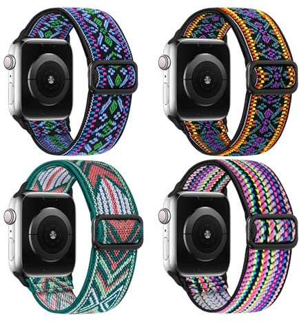 4 Pack Adjustable Straps Compatible with Apple Watch Straps 38mm 40mm 41mm 42mm 44mm 45mm 49mm Women, Adjustable Stretchy Elastic Replacement Strap for iWatch Ultra SE 9 8 7 6 5 4 3 2 1