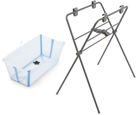Bañera Flexi Bath de Stokke (Ocean Blue) + Soporte para Bañera Flexi Bath - Bañera para bebés de hasta 10 kg - Plegable, duradera y fácil de guardar - Cómoda de usar en casa o de viaje