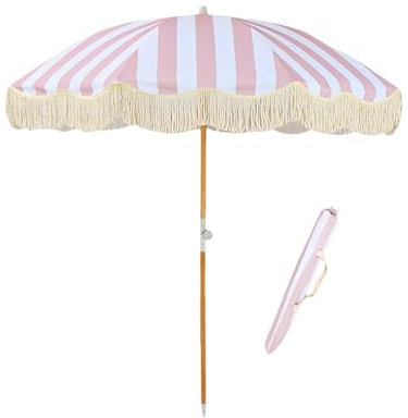 ELZEM Pink Outdoor Umbrella 180cm Patio Umbrella UPF50+ Beach Umbrellas For Sand With Tilt Boho Umbrella With Fringe Portable Umbrella With Carry Bag Holiday Umbrella Waterproof Market Table Umbrella