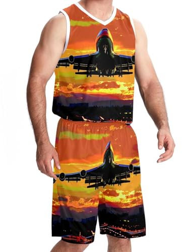 Basketballtrikot mit Shorts, Trikots für Herren, athletisches Basketball-Trikot, Sonnenuntergang Landschaft Flugzeug, Design 2656, XXXL