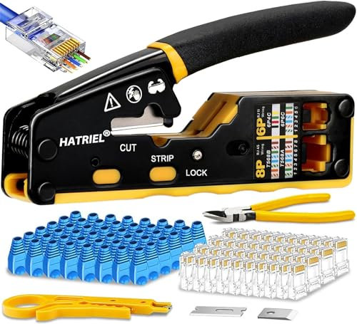 Hatriel Crimpadora Terminales Electricos, Crimpadora Rj45 Profesional, Kits de Herramientas de Crimpado, Herramientas Reparación Ethernet, para Crimpadora Cat6 Cat5 Cat5e Rj45 (Negro)