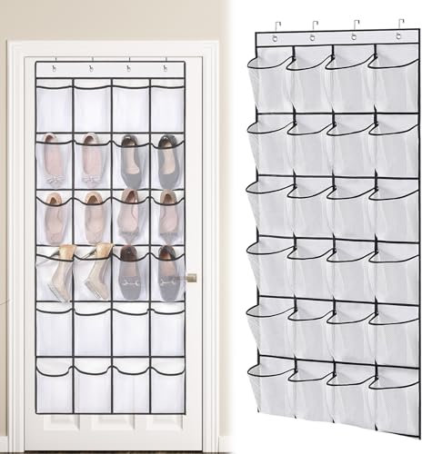 Wekuw Hängeregal, Hängend Aufbewahrungstasche mit 24 Taschen Hängeorganizer Multifunktionale Hängeorganizer Organizer über der Tür für Schuhe mit 4 Haken, für Schlafzimmer, Wohnzimmer, 144x56cm(Weiß)