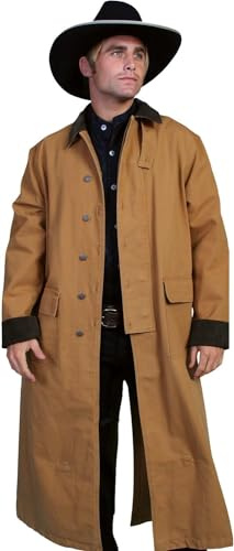 Men's Western Old COWBOY Long Duster Coat Full Length Canvas Jackets, Brown, L