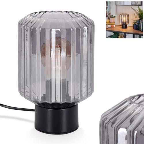 Tischleuchte Moruja, Tischlampe aus Metall/Glas in Schwarz/Rauchfarben, Leuchte im modernen Vintage/Retro-Design mit Schirm aus Glas (Ø 13 cm) u. An/-Auschalter am Kabel, 1 x E27, ohne Leuchtmittel