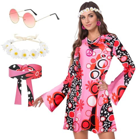 Blisscok Hippie Kostüm Damen Hippie Accessoires 60er 70er Jahre Outfit Bekleidung Hippie Kleid Mode 60er 70er Jahre kleid Disco Outfit Mode Damen für Karneval Party (Buntes Rosa, XL)