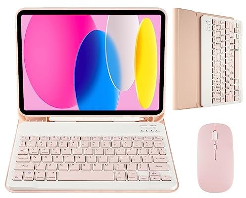 Nsyee Keyboard Case with Mouse Compatible with iPad A16 11 inch 2025 (A3354/A3355/A3356), iPad 10th Generation 10.9 inch 2022 (A2696/A2757/A2777), Detachable Bluetooth UK Layout Keyboard Mouse Set