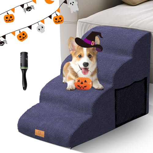 Scale per Cani 4 Gradini,Masthome Scala per Cani Letto,Scaletta Antiscivolo per Animali Domestici in Spugna,Rampa Antiscivolo per Cuccioli,con Copertura Lavabile,per Divano,Letto,Blu Navy