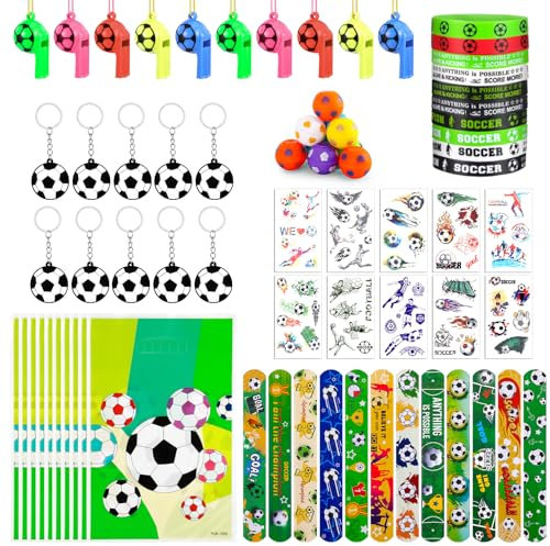 Lvefyti Fußball Party Mitgebsel Kinder, Fußball Kindergeburtstag Zubehör mit Armband Schlüsselanhänger Trillerpfeife Tattoos Partei Geschenk Taschen, Fußball Party Mitgebsel für Jungen Mädchen