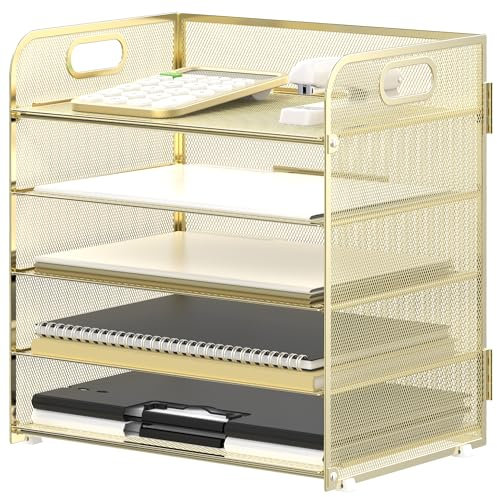 Supeasy 5 Ablagen, Papier-Organizer, Briefablage mit Griffnetz, Schreibtisch-Organizer, Papiersortierer, Schreibtisch-Organizer für Büro, Zuhause oder Schule (Gold)