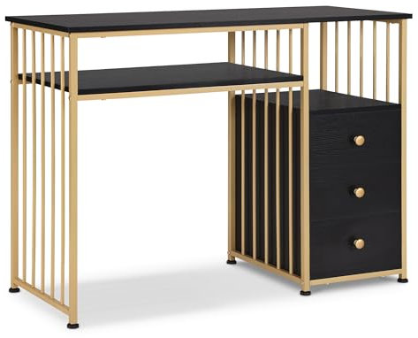 M MCombo Bureau avec tiroirs, Coiffeuse sans Miroir Noir et Or, Table à Ongles en Bois avec Structure métallique, Table d'ordinateur pour Le Salon Moderne, 45,5 x 109 x 81cm, 2407