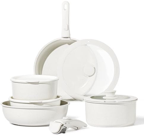 CAROTE 11 Piece Pots and Pans Set, Nonstick Cookware Set Detachable Handle, Non Stick Kitchen Cookware Sets with Removable Handle, White